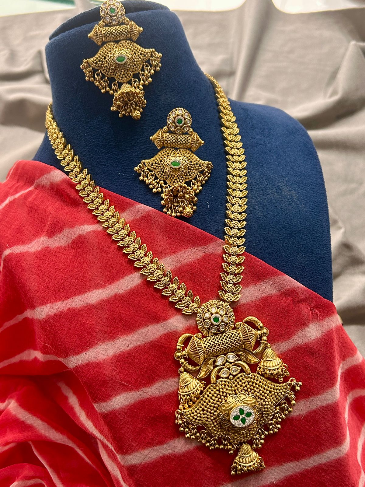 Antique Temple Jewellery Long Haram with Green Stone and Earrings